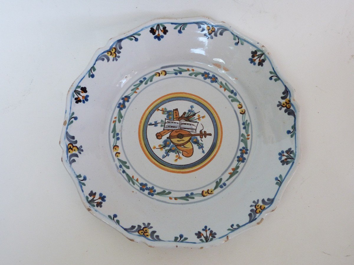 Earthenware Plate From Nevers 18th Century Decor With Musical Attributes 