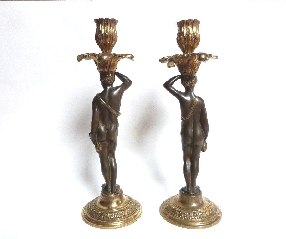 Pair Of Flambeau Candlesticks In Gilt Bronze Transition -photo-3