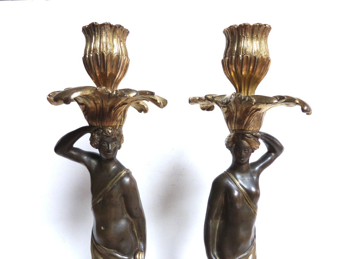 Pair Of Flambeau Candlesticks In Gilt Bronze Transition -photo-2