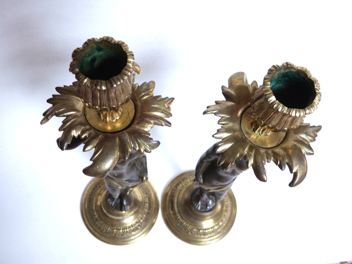 Pair Of Flambeau Candlesticks In Gilt Bronze Transition -photo-3