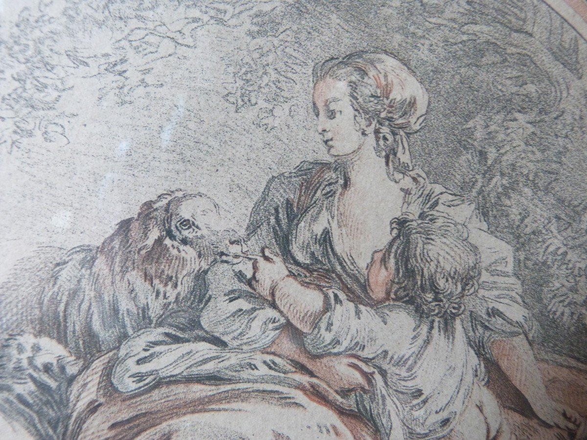 18th Century Engraving Demarteau - Huet Bergère Golden Frame -photo-4