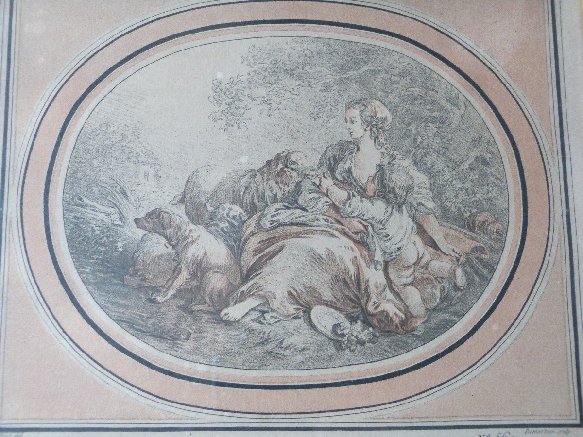 18th Century Engraving Demarteau - Huet Bergère Golden Frame -photo-1