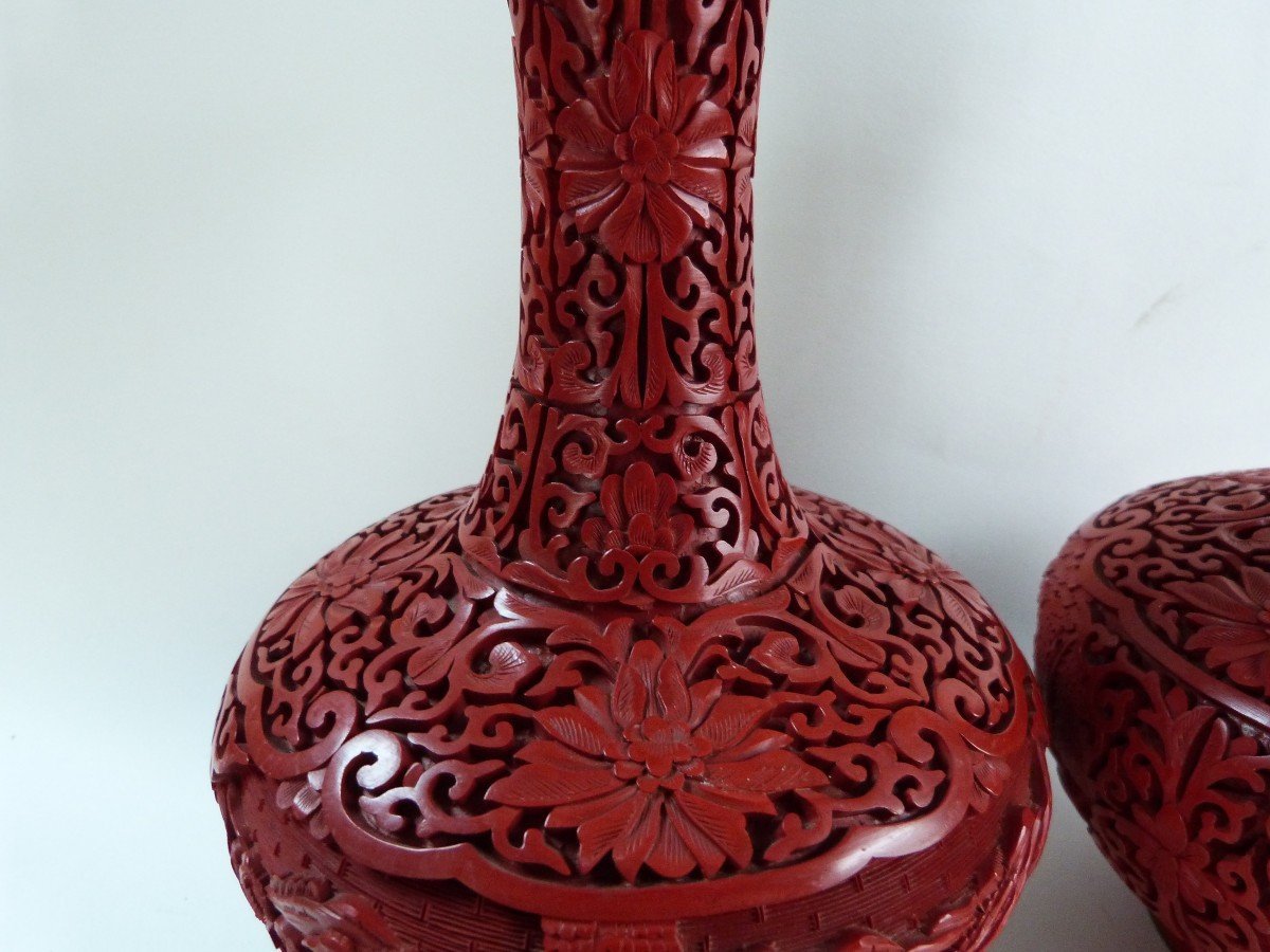 Paire De Vases En Laque De Pekin Rouge Cinabre Chine Milieu XXeme-photo-3