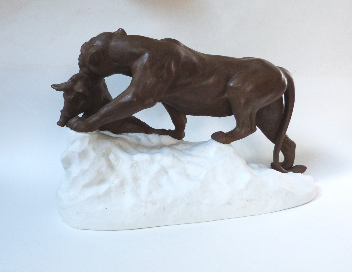 Clovis Edmond Masson Lionne Biscuit De Porcelaine Sèvres Patine Bronze-photo-4