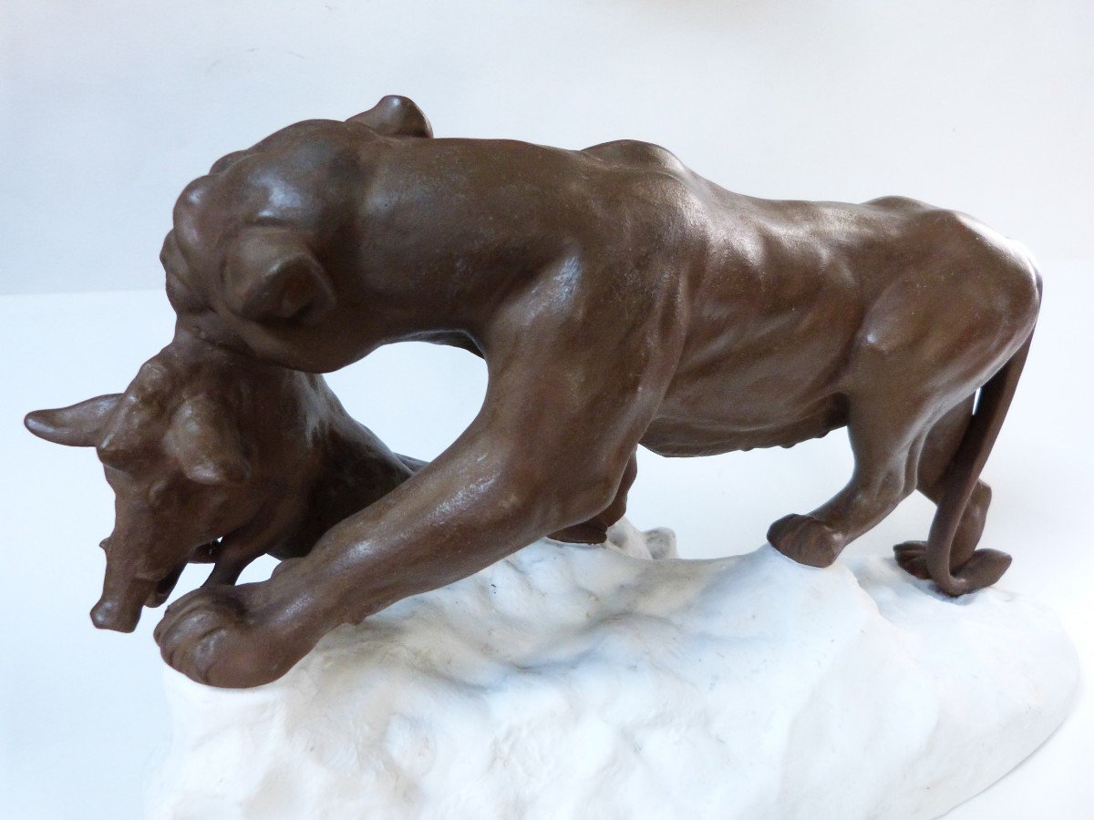 Clovis Edmond Masson Lionne Biscuit De Porcelaine Sèvres Patine Bronze-photo-5