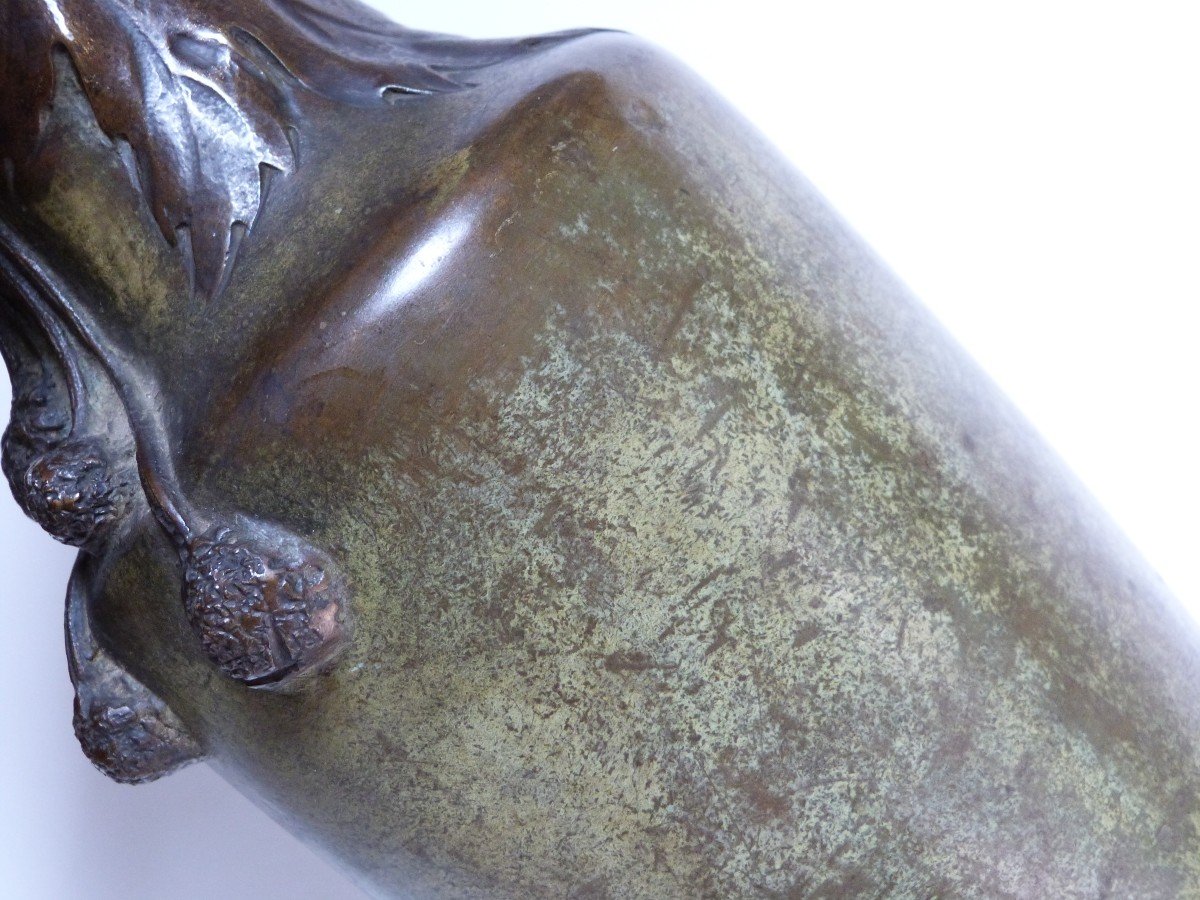 Albert Marionnet Art Nouveau Vase In Bronze Rare Plane Tree Decor Green Patina-photo-2