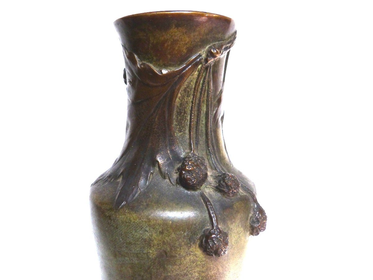 Albert Marionnet Art Nouveau Vase In Bronze Rare Plane Tree Decor Green Patina-photo-3