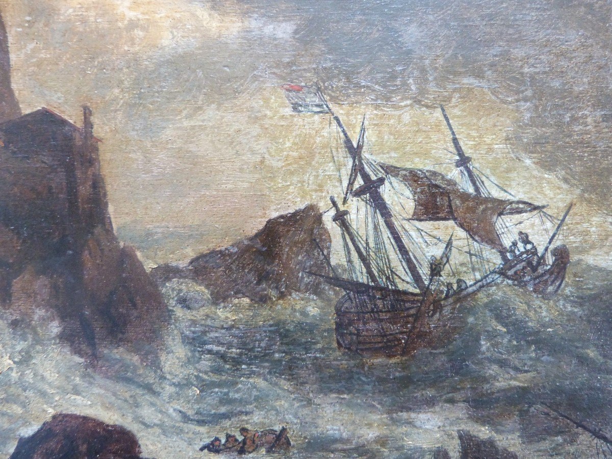 Storm Scene Painting On Panel 18th Century Marine Shipwreck-photo-4