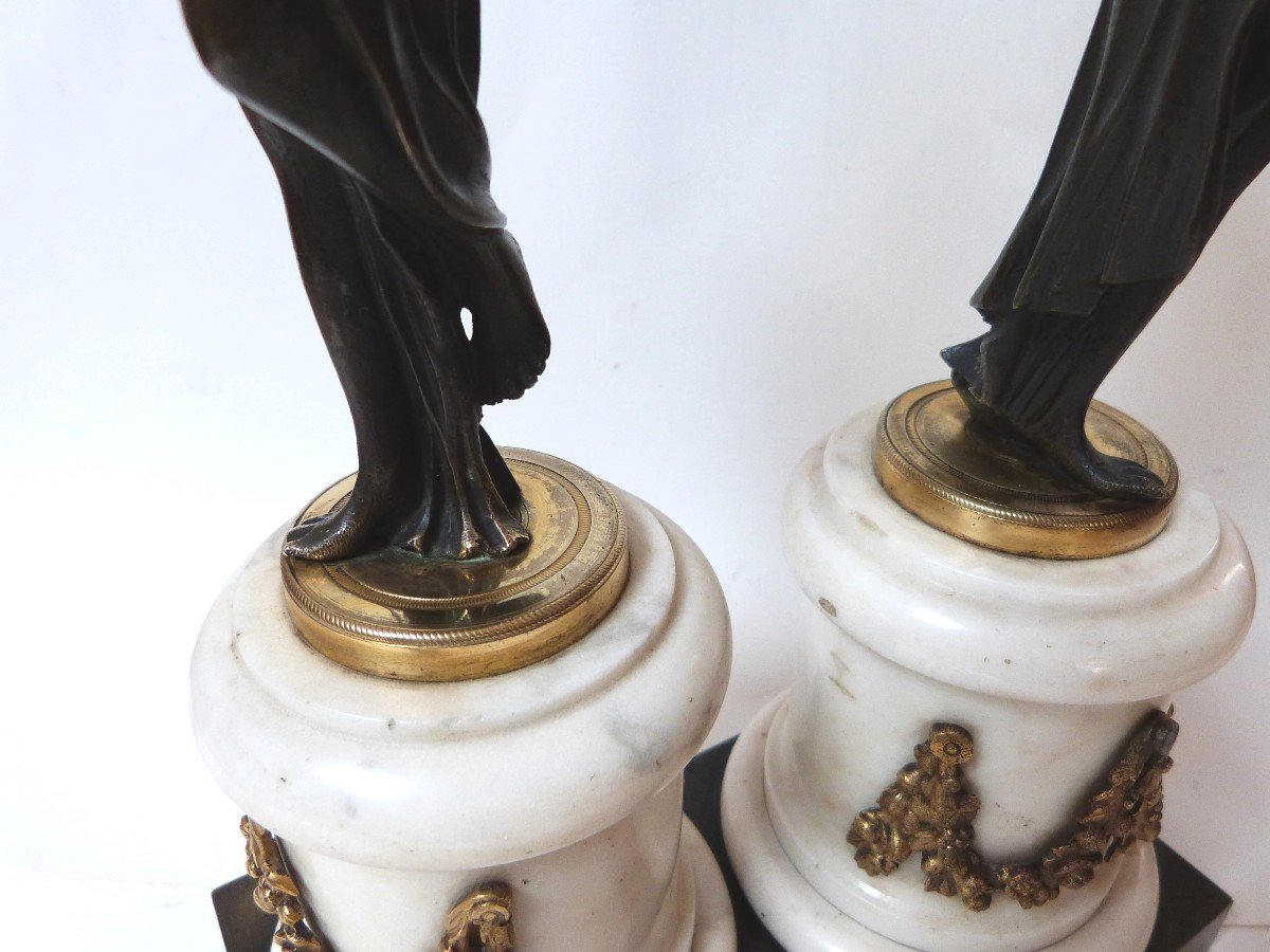 Pair Of Bronze Candelabra Candlesticks, Louis XVI Period, Antique Draped Women -photo-6