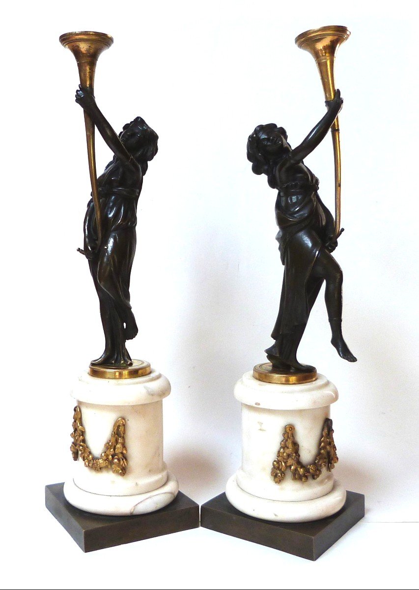 Pair Of Bronze Candelabra Candlesticks, Louis XVI Period, Antique Draped Women 