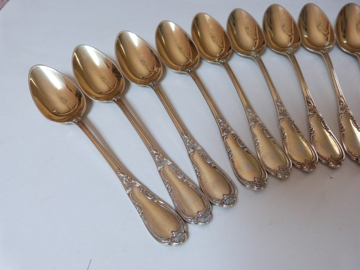 Jean Granvigne Paris 18 Tea Spoons In Sterling Silver Vermeil Napoleon III Rocaille Style-photo-2