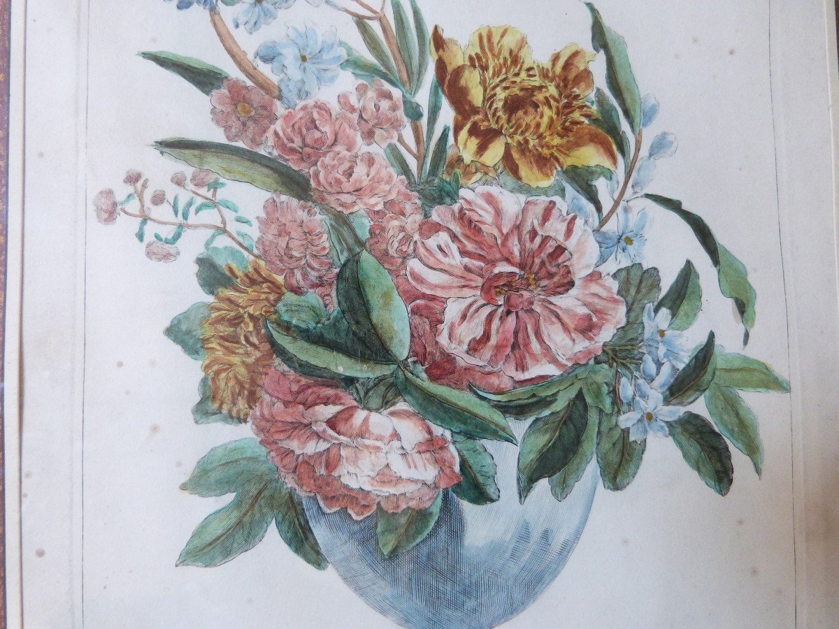 Jacques Vauquer Engraving Coloring Vase Of Flowers XVIIth-photo-2