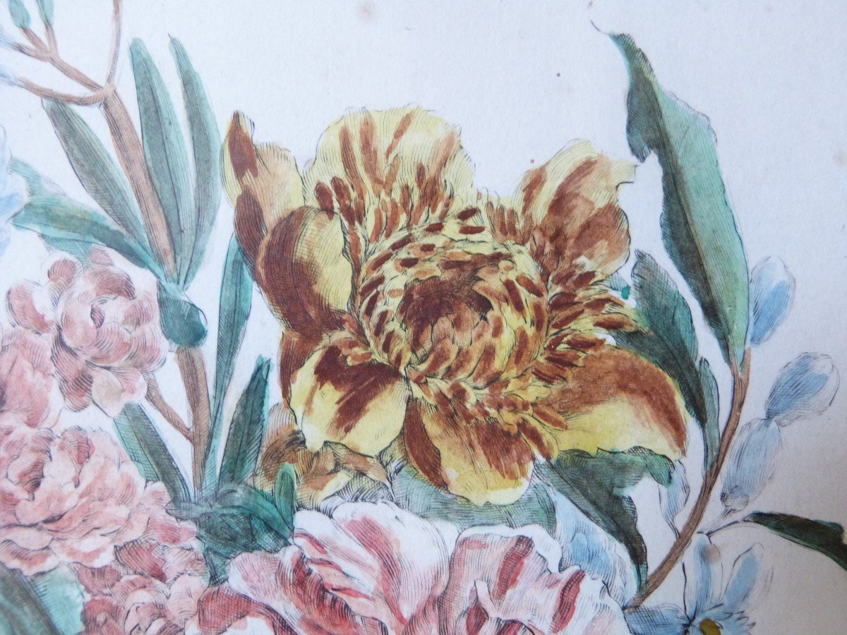 Jacques Vauquer Gravure Mise En Couleur  Vase De Fleurs XVIIeme-photo-3