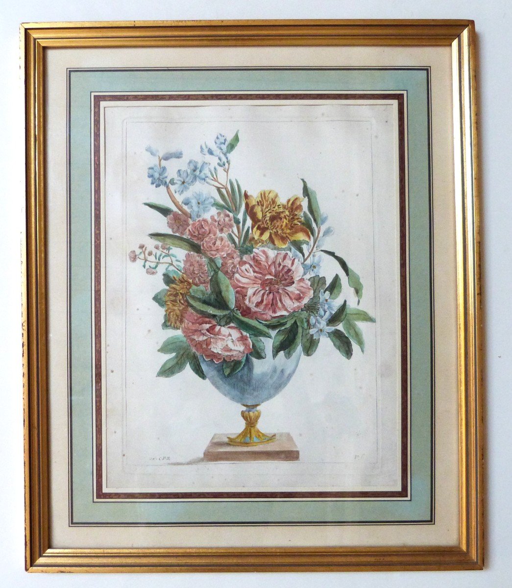 Jacques Vauquer Gravure Mise En Couleur  Vase De Fleurs XVIIeme