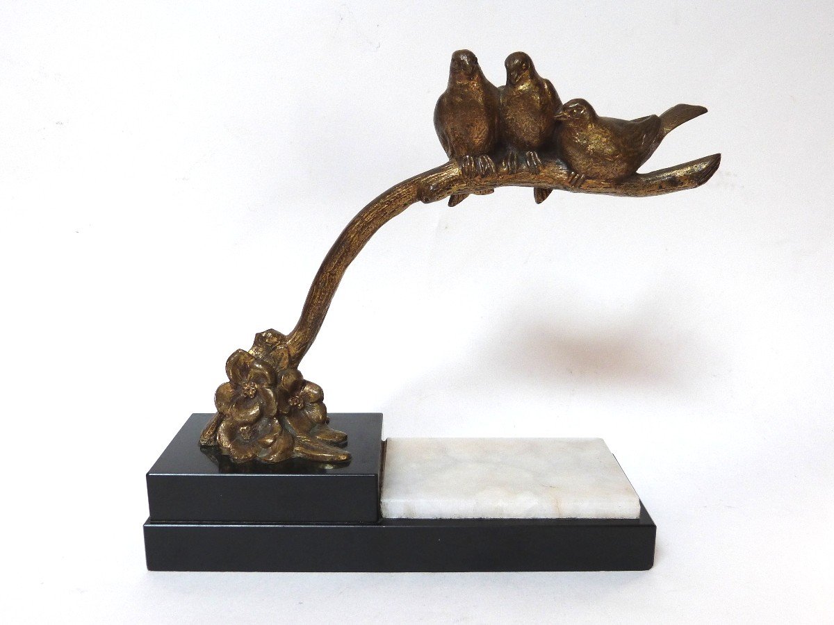 From Roche Art Deco Bronze Sculpture Perched Birds Marble And Onyx Base 