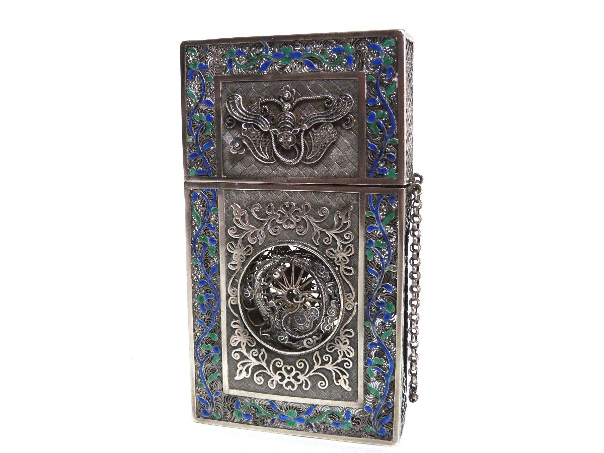 Etui Porte Cartes Argent Massif Et émail Chine XIXeme Qing Silver Card Case-photo-2