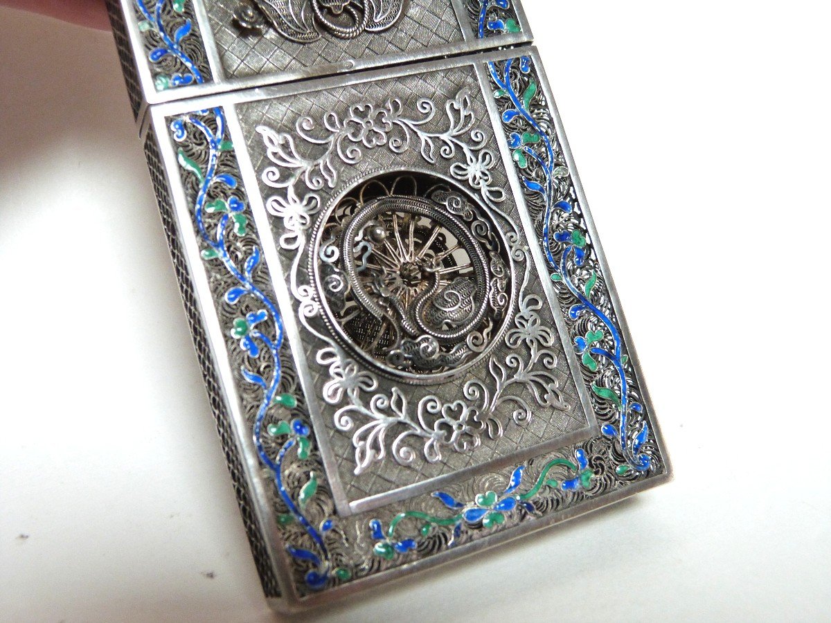 Etui Porte Cartes Argent Massif Et émail Chine XIXeme Qing Silver Card Case-photo-3