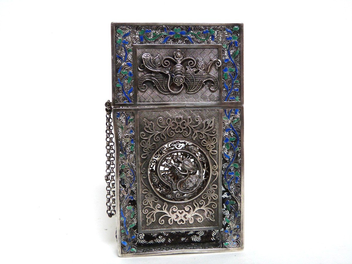 Etui Porte Cartes Argent Massif Et émail Chine XIXeme Qing Silver Card Case-photo-4