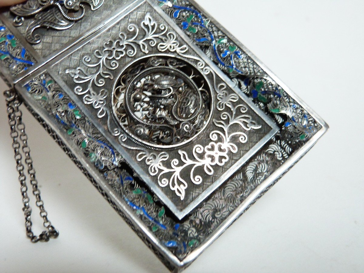 Etui Porte Cartes Argent Massif Et émail Chine XIXeme Qing Silver Card Case-photo-5