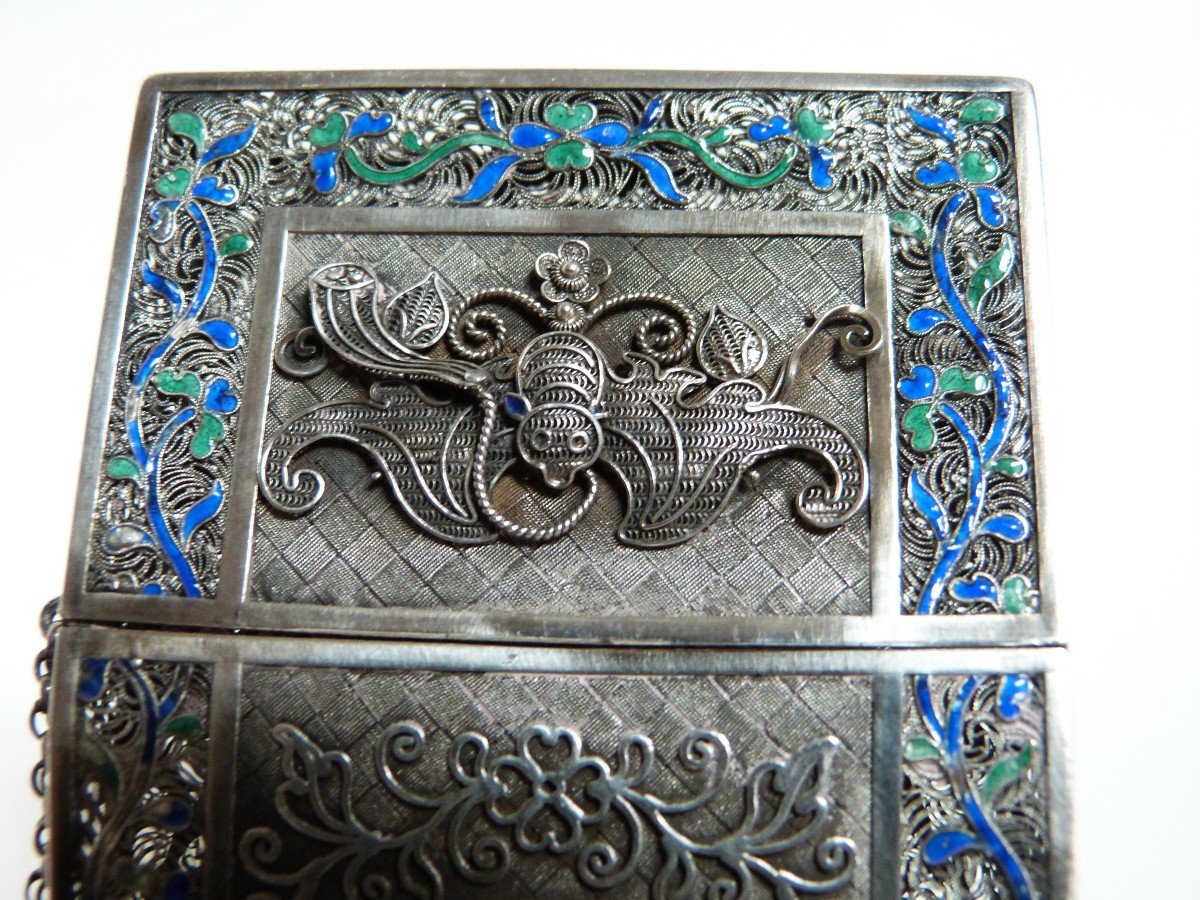 Etui Porte Cartes Argent Massif Et émail Chine XIXeme Qing Silver Card Case-photo-6