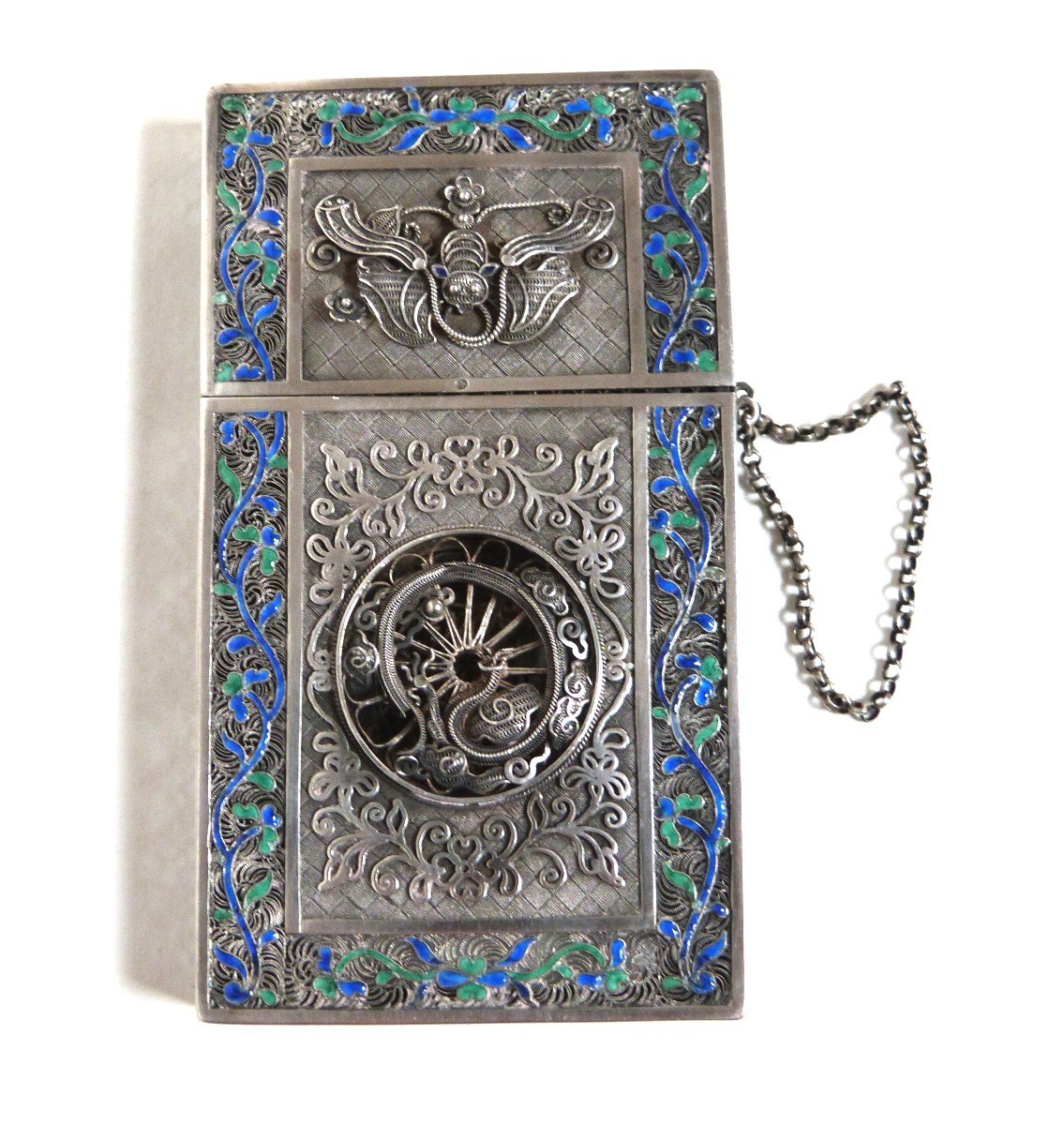 Etui Porte Cartes Argent Massif Et émail Chine XIXeme Qing Silver Card Case