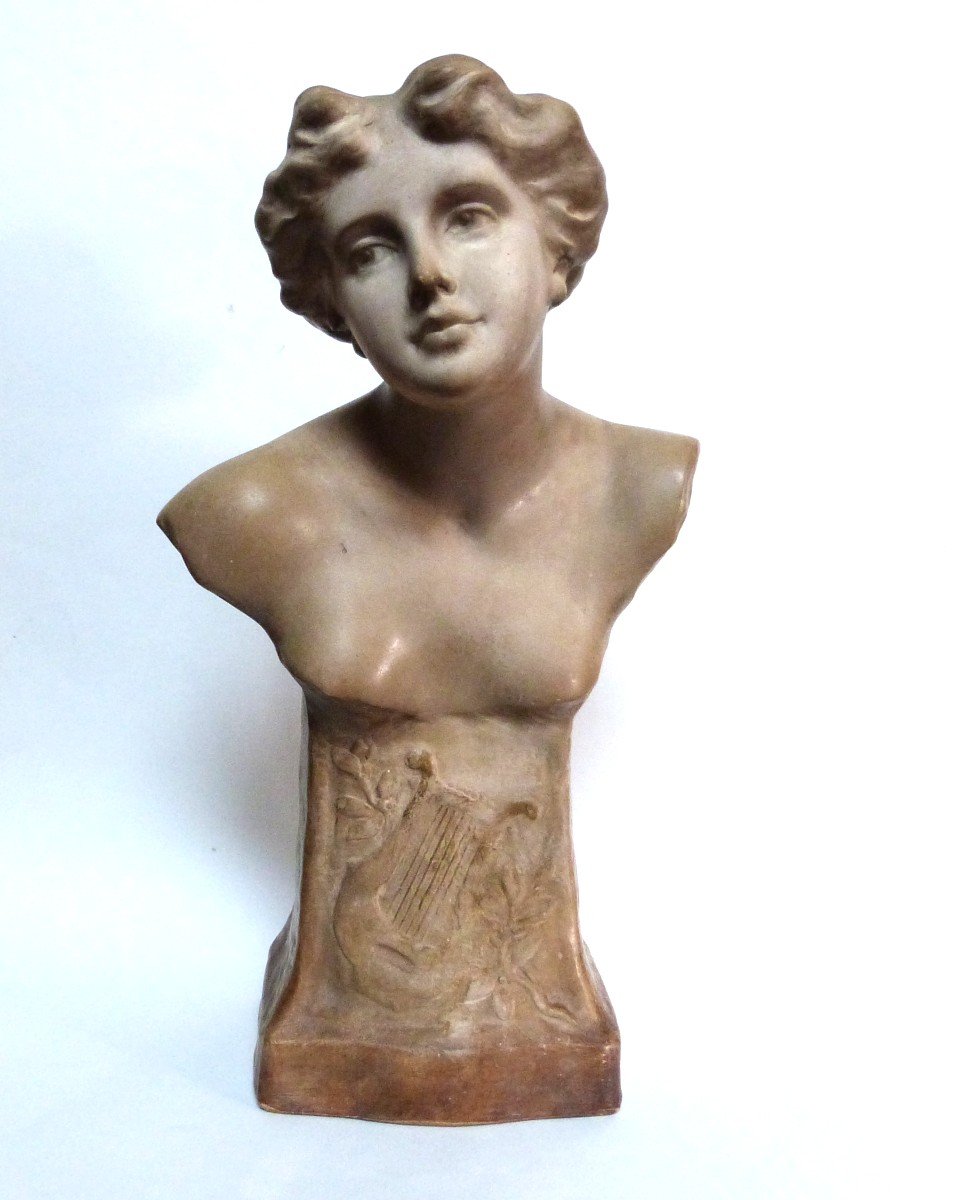 E. Tell For Goldscheider Art Nouveau Female Bust Allegory Of Music