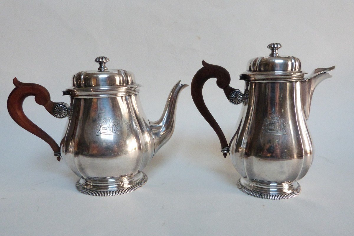 Aucoc Et Vabre Selfish Tea And Coffee Service In Solid Silver With Coat Of Arms Early 20th Century-photo-1