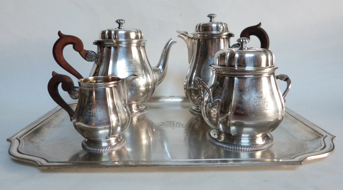 Aucoc Et Vabre Selfish Tea And Coffee Service In Solid Silver With Coat Of Arms Early 20th Century