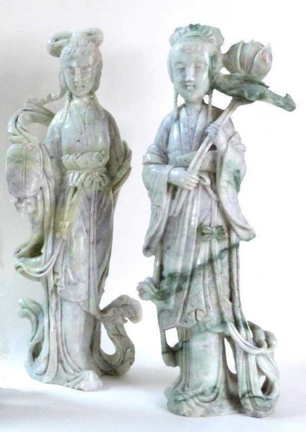 2 Large Jade Sculptures Goddess Of Spring 31cm China 20th Century