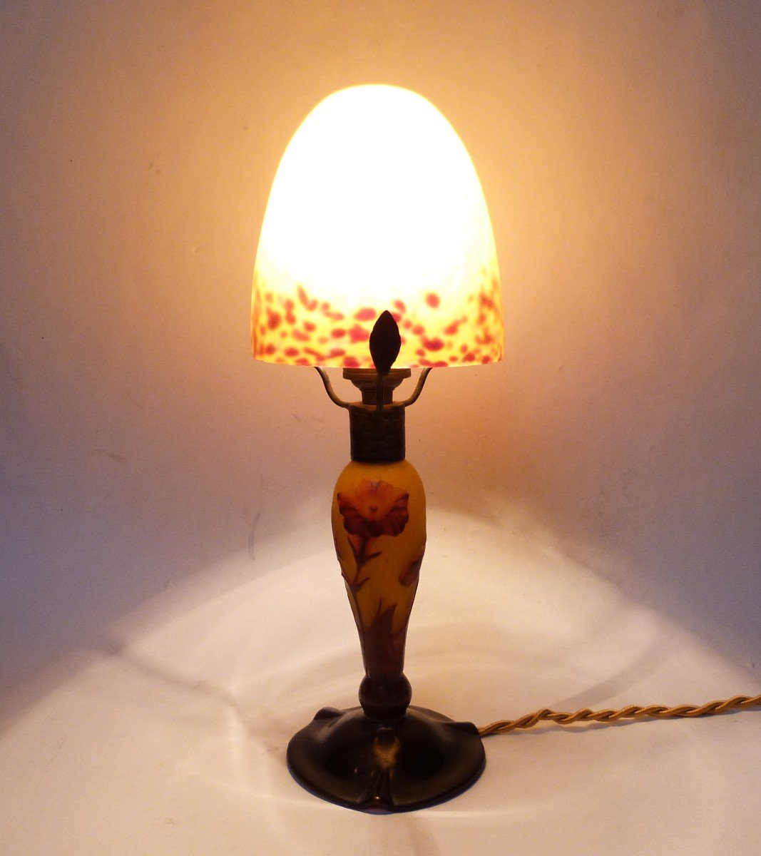 Lampe Daum Nancy Modèle Fleur De Tabac 1910 Le Pied Dégagé à l'Acide -photo-6