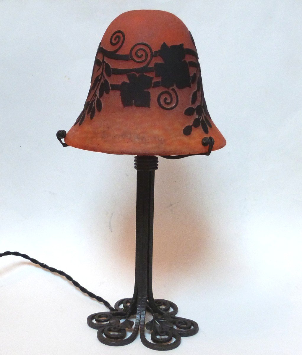 Edgard Brandt And Daum Nancy Art Deco Lamp Wrought Iron And Acid Etched Glass-photo-3