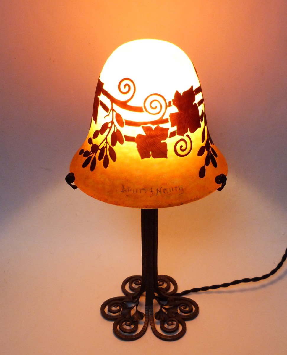 Edgard Brandt And Daum Nancy Art Deco Lamp Wrought Iron And Acid Etched Glass-photo-7