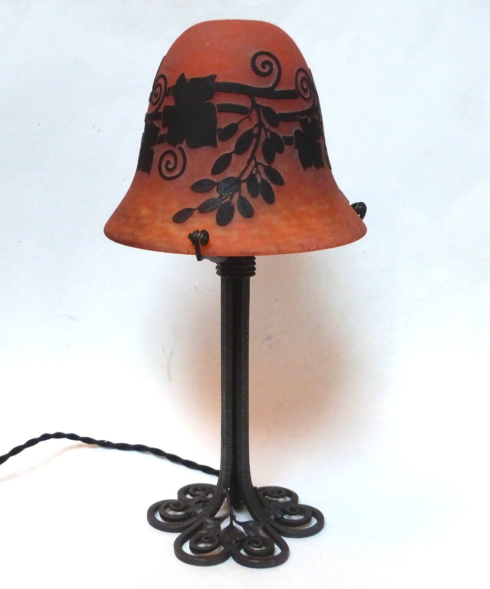 Edgard Brandt And Daum Nancy Art Deco Lamp Wrought Iron And Acid Etched Glass