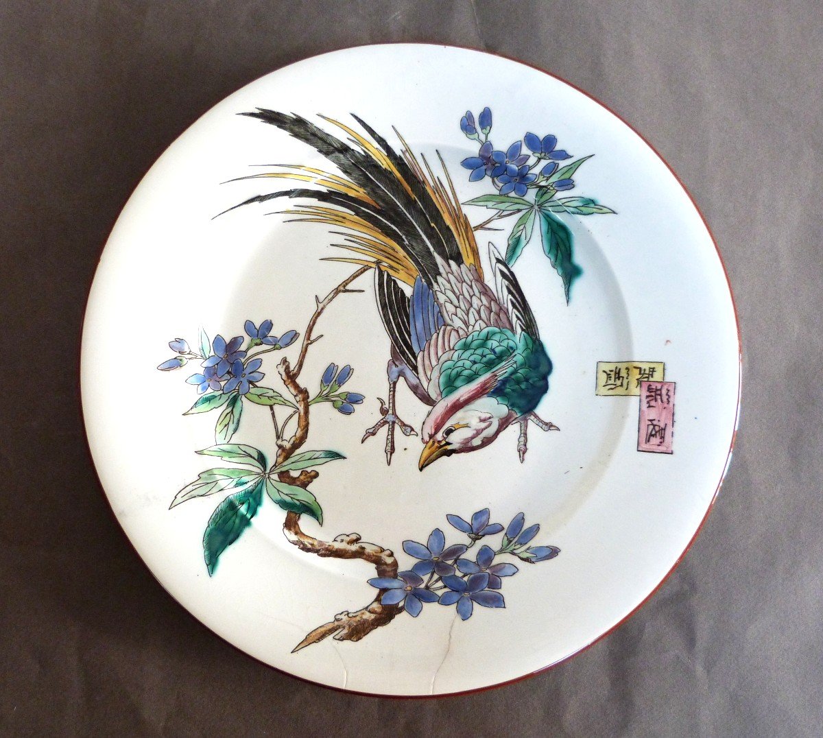 Bordeaux Vieillard And Eugène Millet Enamel Dish Japanese Decor Large Birds 