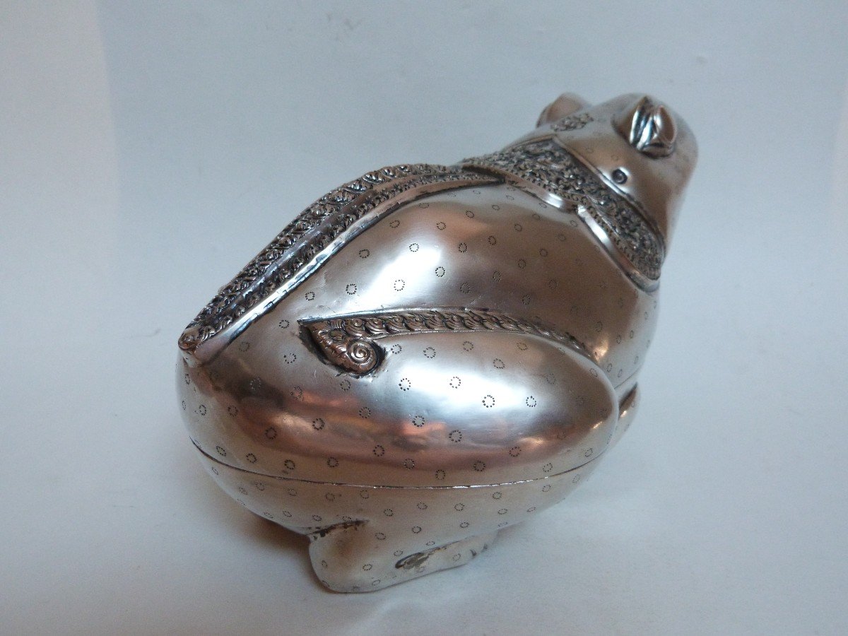 Cambodia Large Rare Solid Silver Betel Box Frog Shape -photo-1