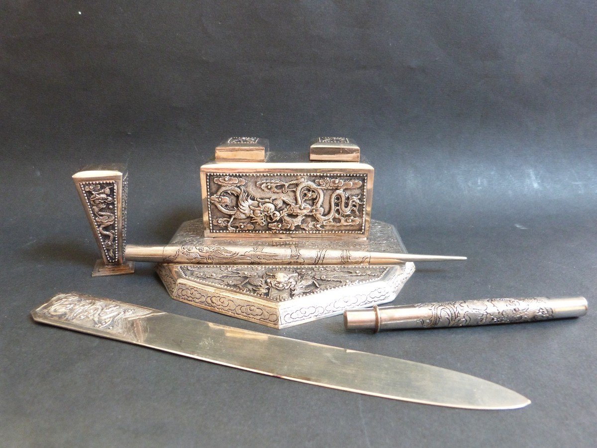 Solid Silver Desk Set Indochina Vietnam -photo-3