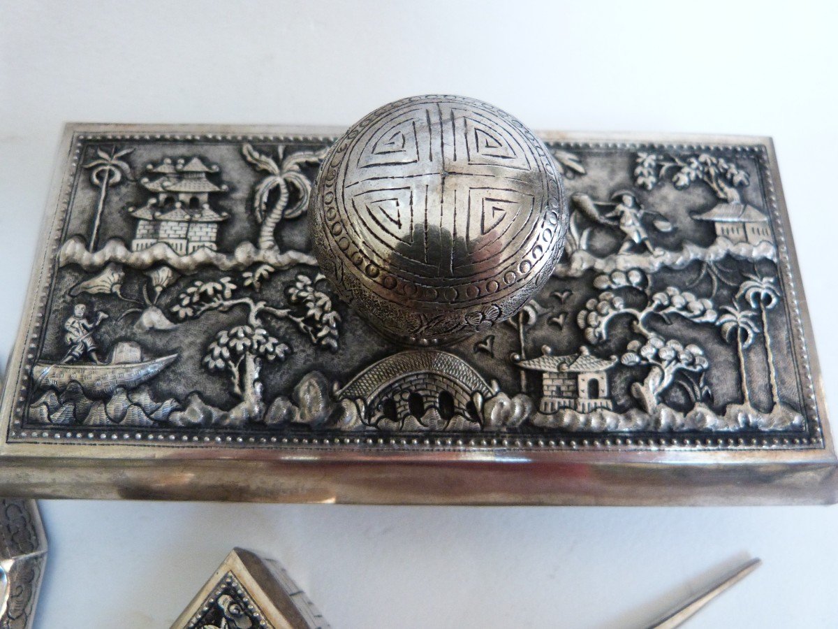 Solid Silver Desk Set Indochina Vietnam -photo-4