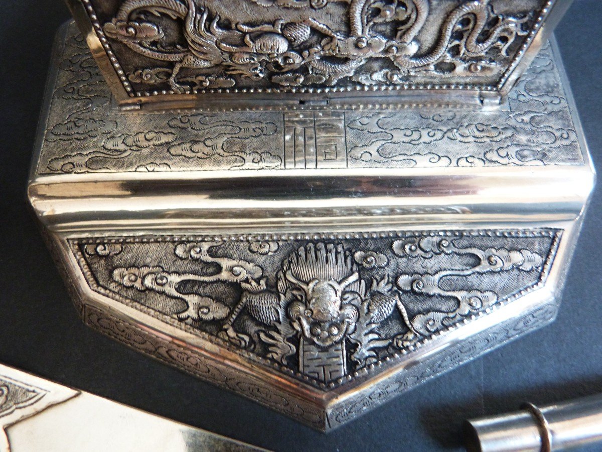 Solid Silver Desk Set Indochina Vietnam -photo-4