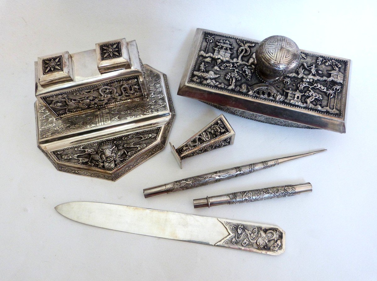 Solid Silver Desk Set Indochina Vietnam 