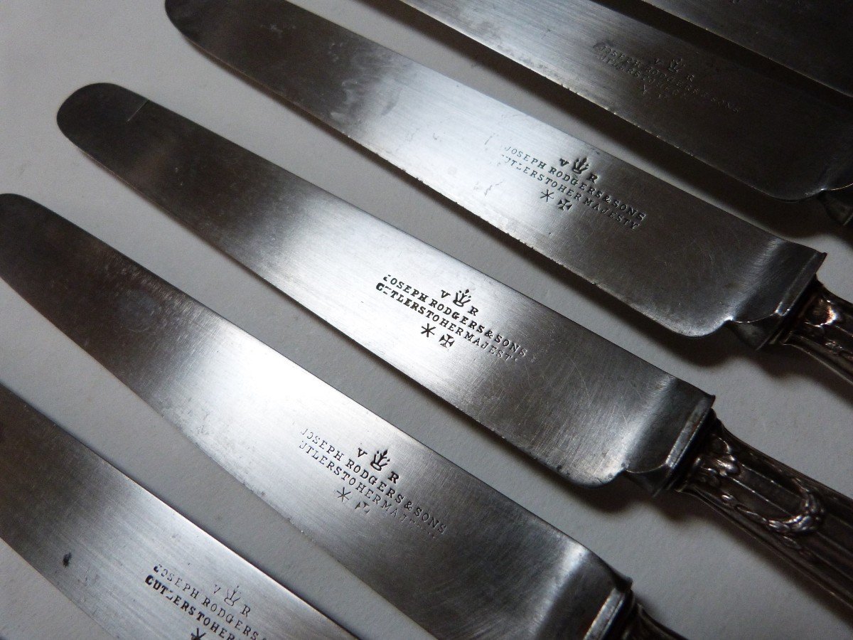 12 Large Table Knives Silver Handles Minerva Steel Blades Queen Victoria Cutlery-photo-4