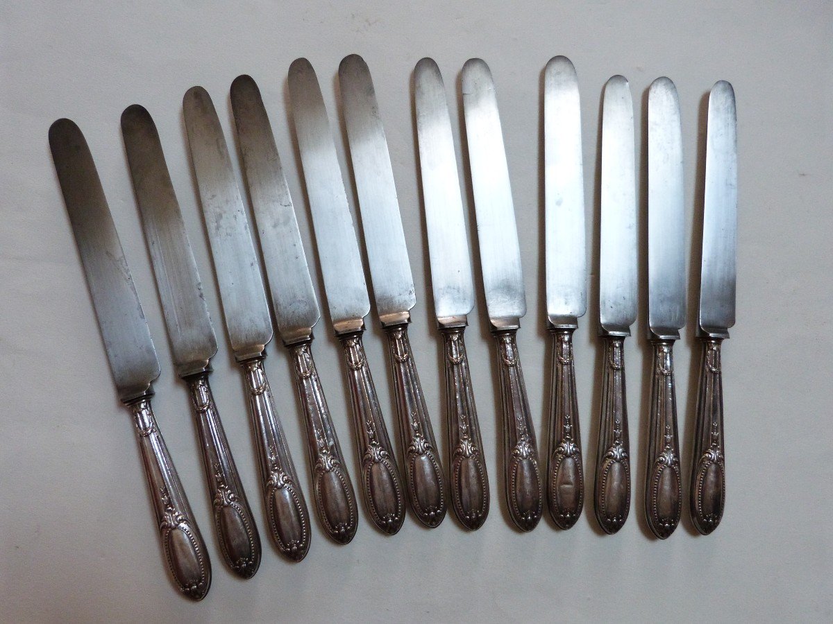 12 Large Table Knives Silver Handles Minerva Steel Blades Queen Victoria Cutlery-photo-1