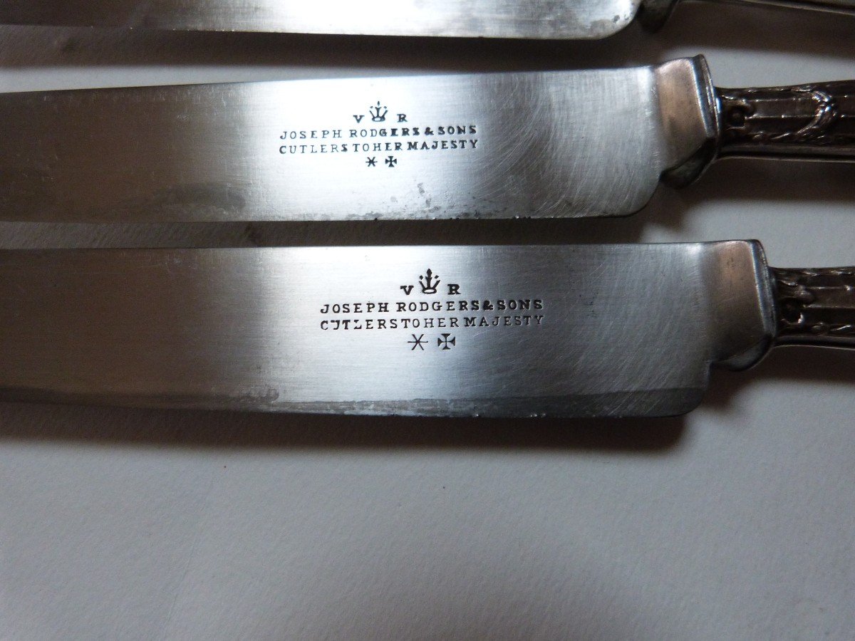 12 Large Table Knives Silver Handles Minerva Steel Blades Queen Victoria Cutlery-photo-2