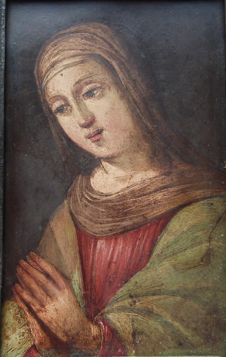 Oil On Copper Portrait Of Virgin Or Saint In Prayer 17th Century