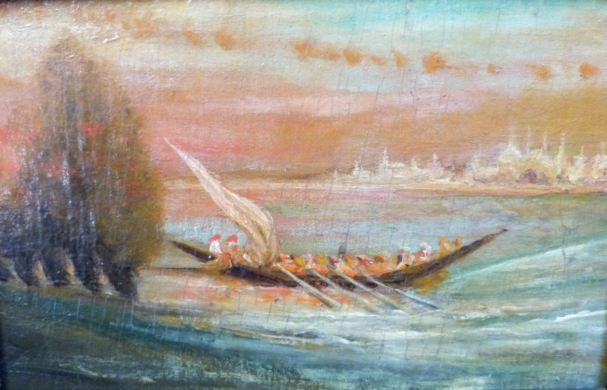 Oil On Canvas Orientalist XIXth Caïque On The Boshore -photo-2