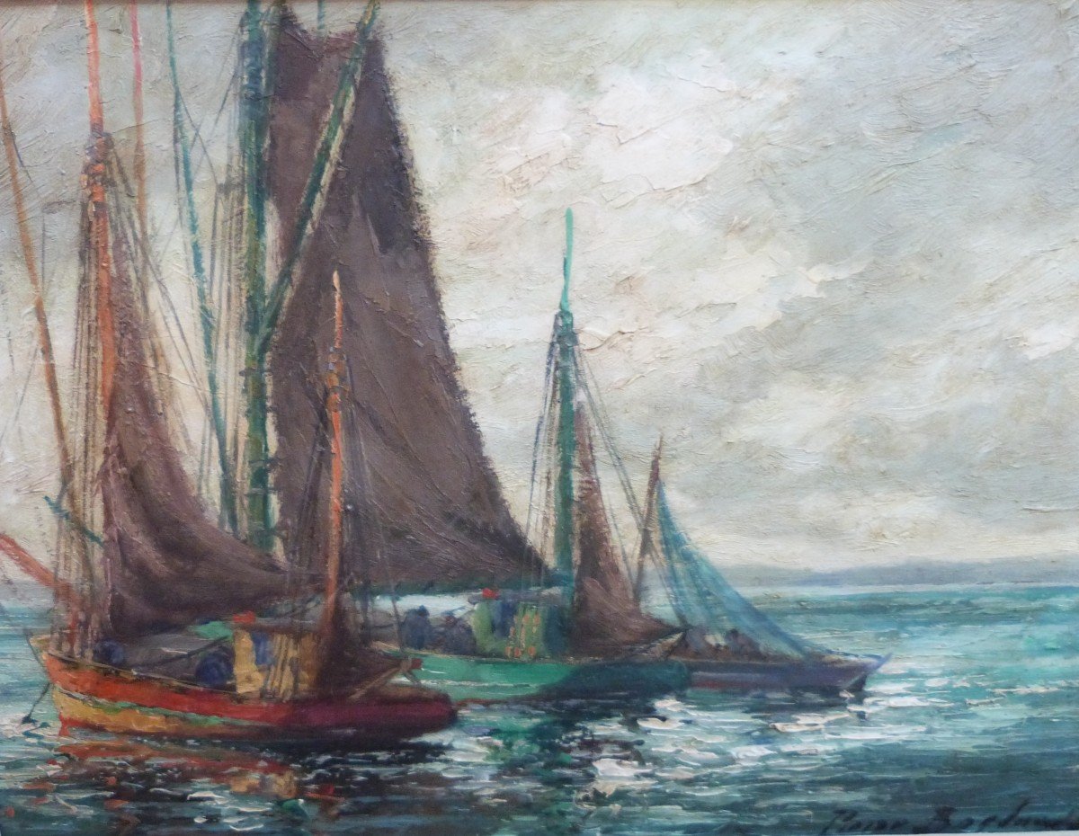 Pierre Bogdanoff Oil On Panel Brittany Marine Douarnenez Sailboats -photo-2