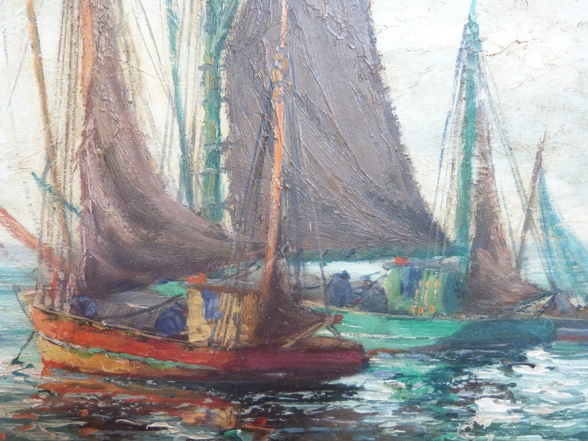 Pierre Bogdanoff Oil On Panel Brittany Marine Douarnenez Sailboats -photo-3