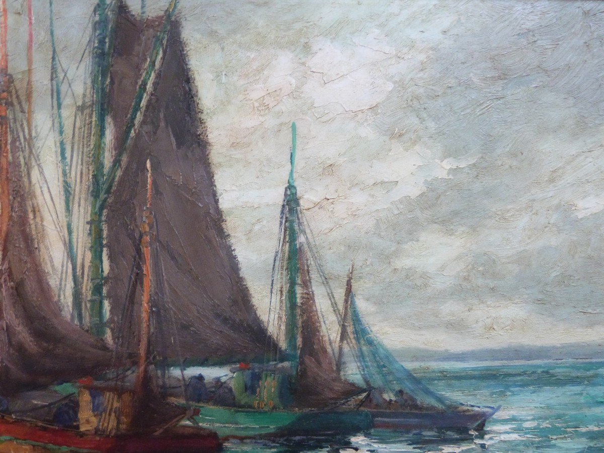 Pierre Bogdanoff Oil On Panel Brittany Marine Douarnenez Sailboats -photo-1