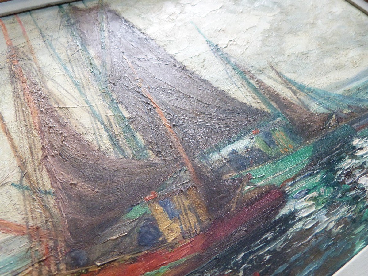 Pierre Bogdanoff Oil On Panel Brittany Marine Douarnenez Sailboats -photo-2