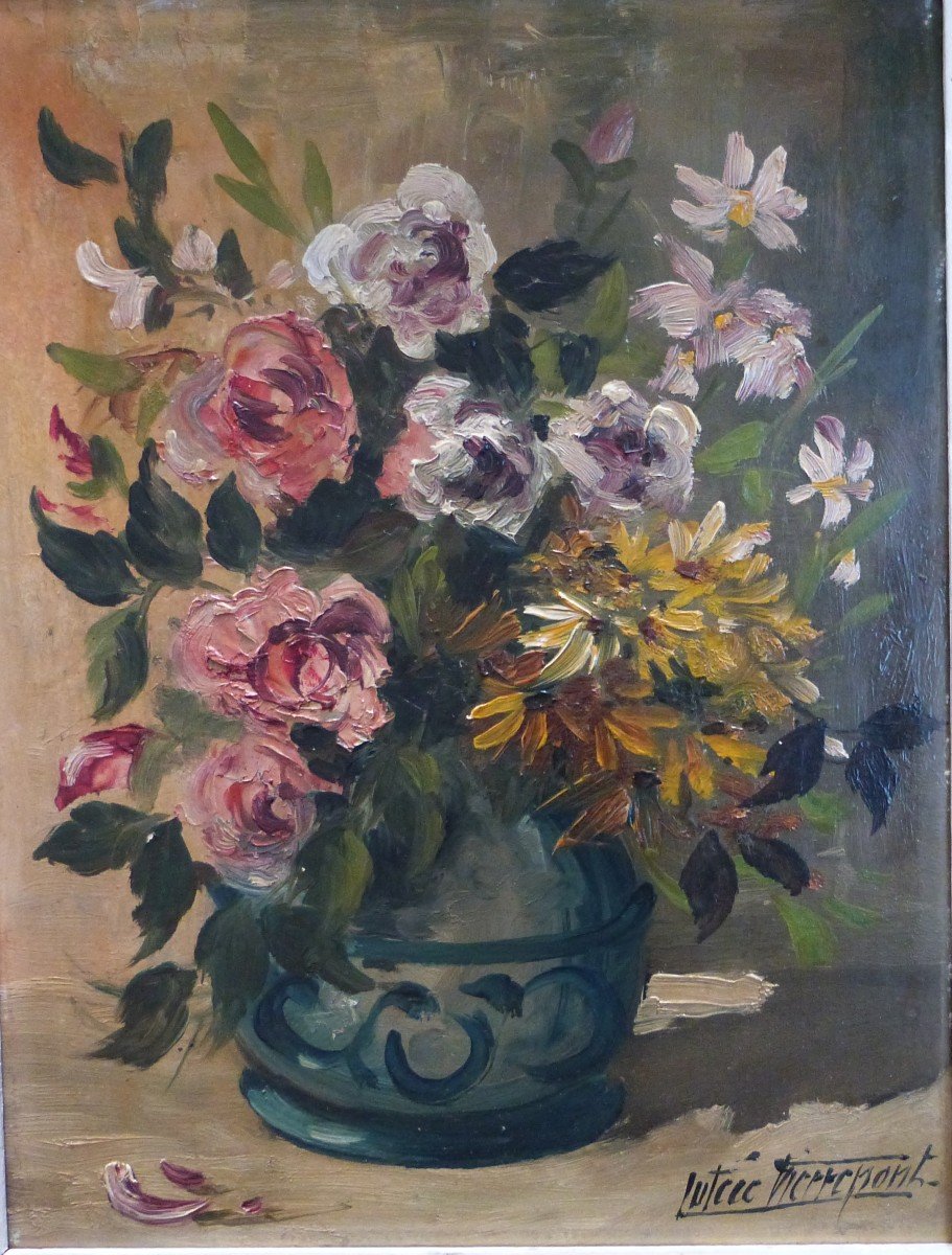 Lutèce Pierrepont Still Life With Bouquet Of Flowers Oil On Panel 20th Century-photo-2