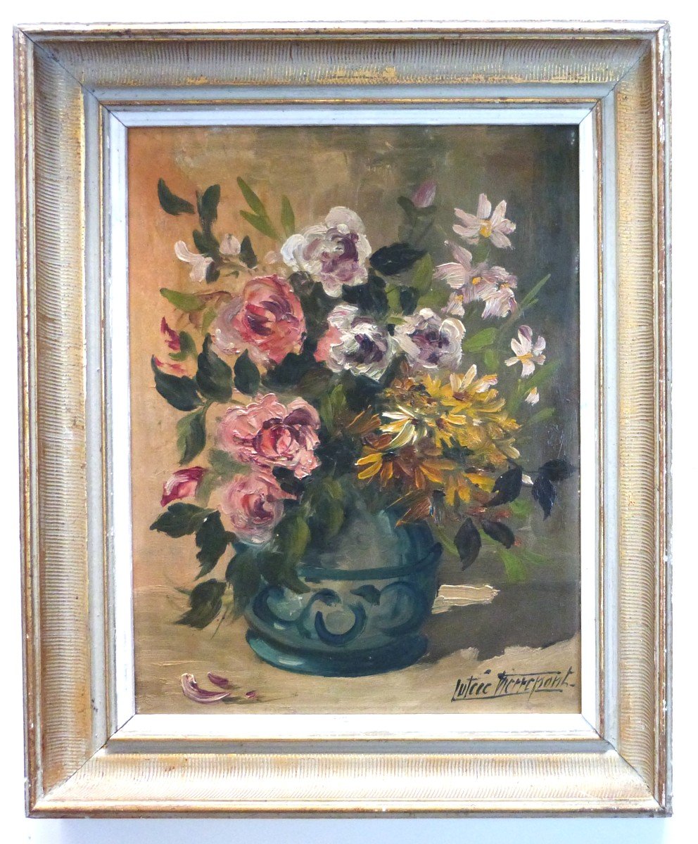 Lutèce Pierrepont Still Life With Bouquet Of Flowers Oil On Panel 20th Century